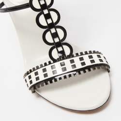 Pre Owned Alaia White/Black Laser Cut Patent Leather Strappy Sandals Size 38.5 