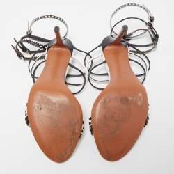 Pre Owned Alaia White/Black Laser Cut Patent Leather Strappy Sandals Size 38.5 