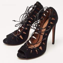 Alaia Black Suede Scallop Trim Open Toe Pumps Size 39.5