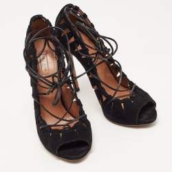Alaia Black Suede Scallop Trim Open Toe Pumps Size 39.5