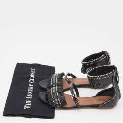 Pre Owned Alaia Black Leather Fringes Flat Sandals Size 38