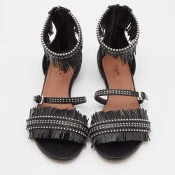 Pre Owned Alaia Black Leather Fringes Flat Sandals Size 38