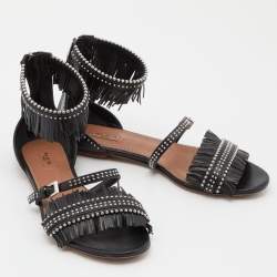 Pre Owned Alaia Black Leather Fringes Flat Sandals Size 38