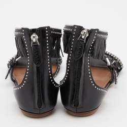 Pre Owned Alaia Black Leather Fringes Flat Sandals Size 38
