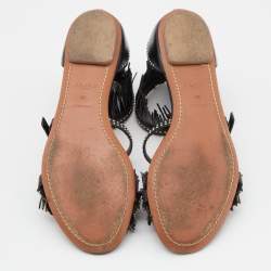 Pre Owned Alaia Black Leather Fringes Flat Sandals Size 38