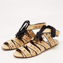 Alaia Beige Raffia Studded Ankle Tie Flats Size 41