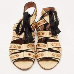 Alaia Beige Raffia Studded Ankle Tie Flats Size 41