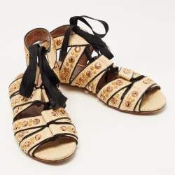 Alaia Beige Raffia Studded Ankle Tie Flats Size 41