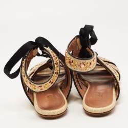 Alaia Beige Raffia Studded Ankle Tie Flats Size 41