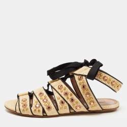 Alaia Beige Raffia Studded Ankle Tie Flats Size 41