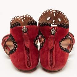 Alaia Burgundy Suede Scallop Trim Eyelet Embellished Ankle Cuff Flat Sandals Size 39