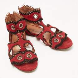 Alaia Burgundy Suede Scallop Trim Eyelet Embellished Ankle Cuff Flat Sandals Size 39