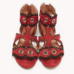 Alaia Burgundy Suede Scallop Trim Eyelet Embellished Ankle Cuff Flat Sandals Size 39