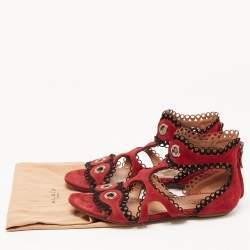Alaia Burgundy Suede Scallop Trim Eyelet Embellished Ankle Cuff Flat Sandals Size 39