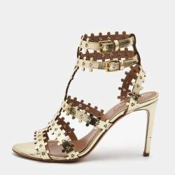 Pre Owned Alaia Gold Leather Strappy Sandals Size 38.5