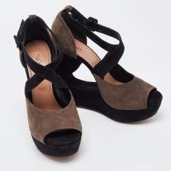 Alaia Brown and Black Suede Wedge Platform Ankle Strap Sandals Size 39