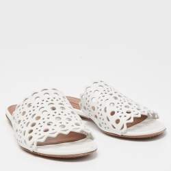 Alaia White Leather Flat Slides Size 37  