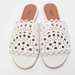 Alaia White Leather Flat Slides Size 37  
