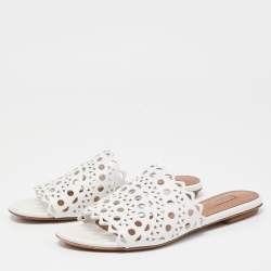 Alaia White Leather Flat Slides Size 37  