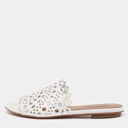 Alaia White Leather Flat Slides Size 37  