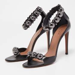 Pre Owned Alaia Black Leather Chamois Bombe Ankle Cuff Sandals Size 38