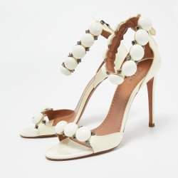 Pre Owned Alaia Off White Patent Leather Bombe Ankle Strap Sandals Size 38.5