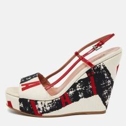Aliaia Tricolor Printed Canvas and Patent Leather Wedge Platform Slingback Sandals Size 38