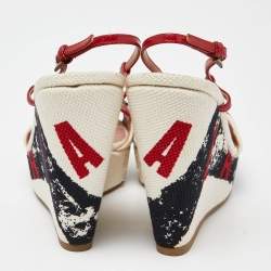 Aliaia Tricolor Printed Canvas and Patent Leather Wedge Platform Slingback Sandals Size 38