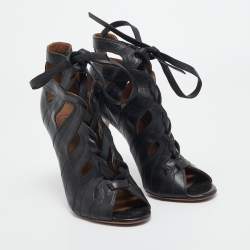 Pre Owned Alaia Black Leather Cutout Lace Up Sandals Size 39