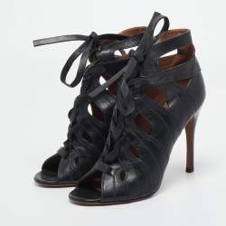 Pre Owned Alaia Black Leather Cutout Lace Up Sandals Size 39