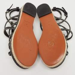 Pre Owned Alaia Black Leather Studded Strappy Espadrille Flat Sandals Size 37