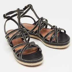 Pre Owned Alaia Black Leather Studded Strappy Espadrille Flat Sandals Size 37