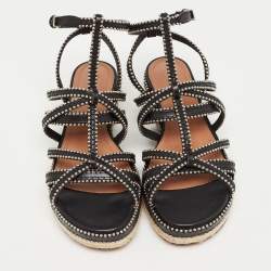 Pre Owned Alaia Black Leather Studded Strappy Espadrille Flat Sandals Size 37