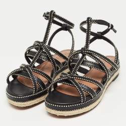 Pre Owned Alaia Black Leather Studded Strappy Espadrille Flat Sandals Size 37