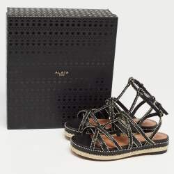 Pre Owned Alaia Black Leather Studded Strappy Espadrille Flat Sandals Size 37