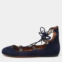 Alaia Blue Suede Lace up Ballet Flats Size 37