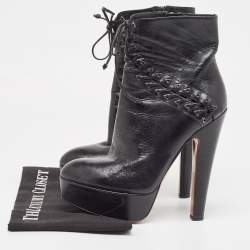 Pre Owned Alaia Black Leather Lace Up Ankle Boots Size 37.5