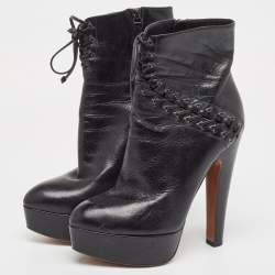 Pre Owned Alaia Black Leather Lace Up Ankle Boots Size 37.5