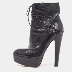 Pre Owned Alaia Black Leather Lace Up Ankle Boots Size 37.5
