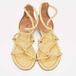 Pre Owned Alaia Gold Studded Leather Strappy Flat Sandals Size 38.5