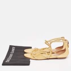 Pre Owned Alaia Gold Studded Leather Strappy Flat Sandals Size 38.5