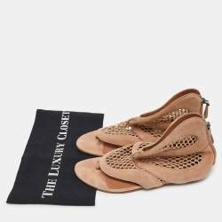 Pre Owned Alaia Beige Suede and Mesh Zip Thong Flat Sandals Size 38