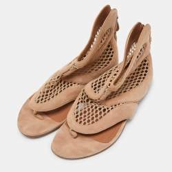Pre Owned Alaia Beige Suede and Mesh Zip Thong Flat Sandals Size 38