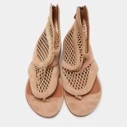Pre Owned Alaia Beige Suede and Mesh Zip Thong Flat Sandals Size 38