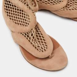 Pre Owned Alaia Beige Suede and Mesh Zip Thong Flat Sandals Size 38