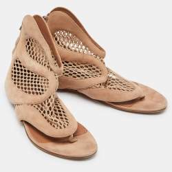 Pre Owned Alaia Beige Suede and Mesh Zip Thong Flat Sandals Size 38