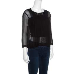 Pre Owned Alberta Ferretti Black Sheer Silk Lace Panel Detail Pleat Front Blouse M