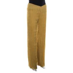 Alberta Ferretti Mustard Crinkled Chiffon Silk Palazzo Trousers S