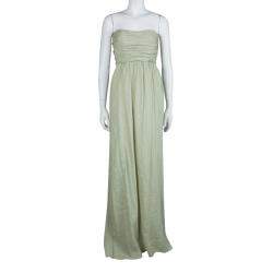 Pre Owned Alberta Ferretti Pistachio Green Linen Ruched Strapless Maxi Dress M