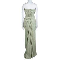 Pre Owned Alberta Ferretti Pistachio Green Linen Ruched Strapless Maxi Dress M